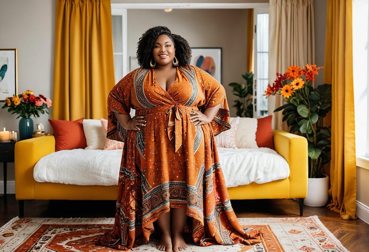 A vibrant scene depicting a confident plus size woman celebrating her curves, surrounded by elements of self-care like candles, flowers, and a cozy blanket. In the background, a sunny window with flowing curtains creates an inviting atmosphere. Include stylish fashion items that emphasize body positivity. Use bold and warm colors to convey empowerment and joy. super-realistic. vibrant colors. cozy ambiance.
