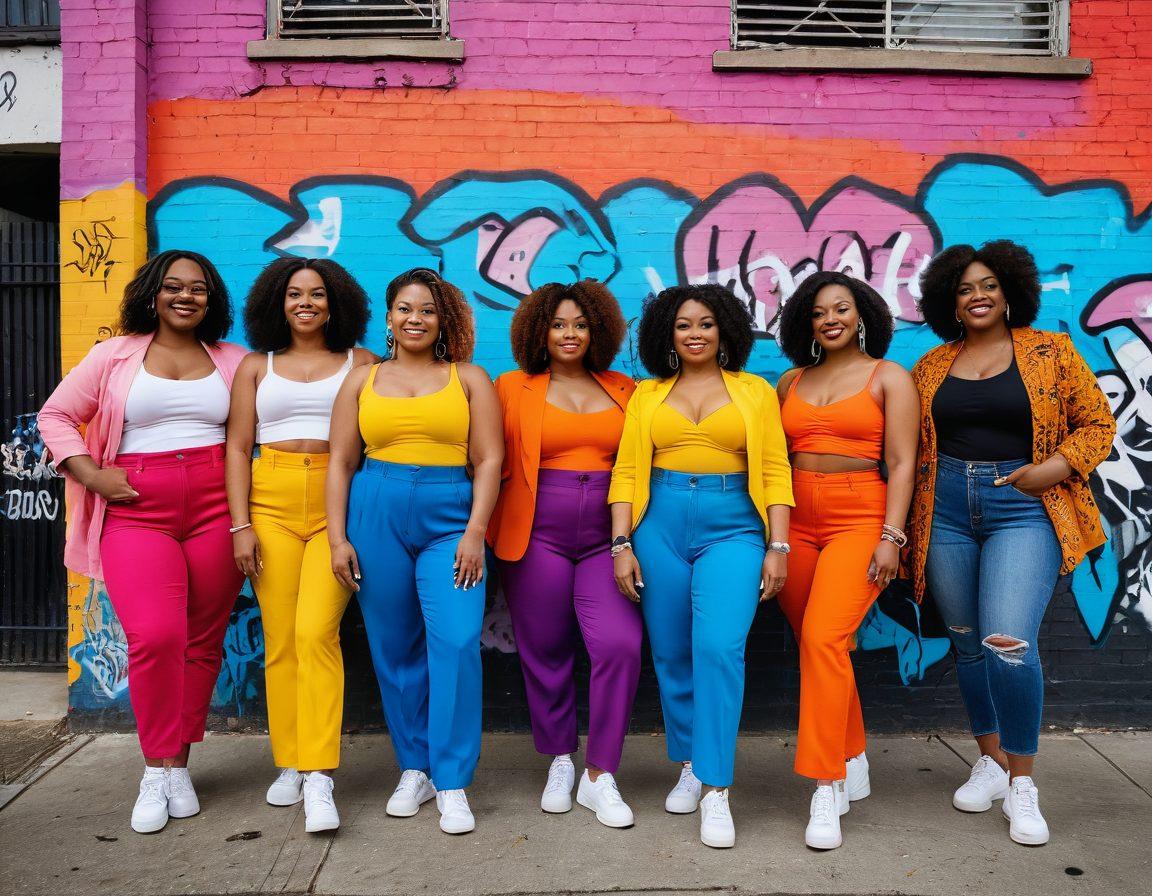 A diverse group of individuals confidently showcasing their unique styles in a vibrant urban setting, embodying body positivity. Each person expresses their inner beauty through colorful outfits, bold accessories, and joyful expressions. The background features murals and graffiti that celebrate self-love and diversity. Bright, uplifting lighting enhances the scene to convey positivity and empowerment. super-realistic. vibrant colors. urban art.