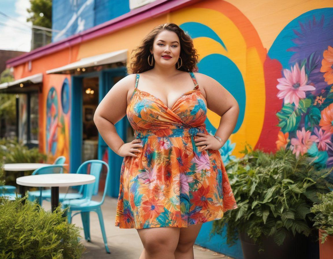 A confident plus-size woman embracing her curves, wearing a stylish outfit that celebrates her body. The background features a vibrant urban setting with colorful murals, showcasing diversity and positivity. Incorporate elements of self-care, like a cozy café or a serene park, to convey relaxation and empowerment. The composition should exude joy and confidence, highlighting the beauty of plus-size fashion. vibrant colors. super-realistic. upbeat mood.